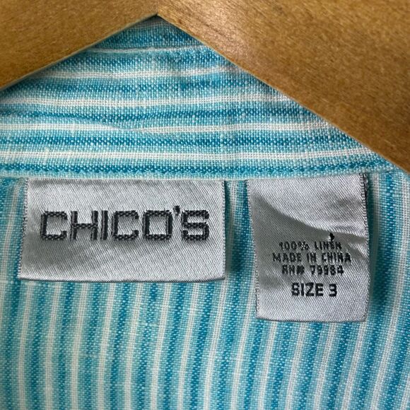 Chico’s 100% Linen Button Down Shirt Women’s Size 3‎ (XL) Aqua Blue White Stripe - Picture 5 of 9